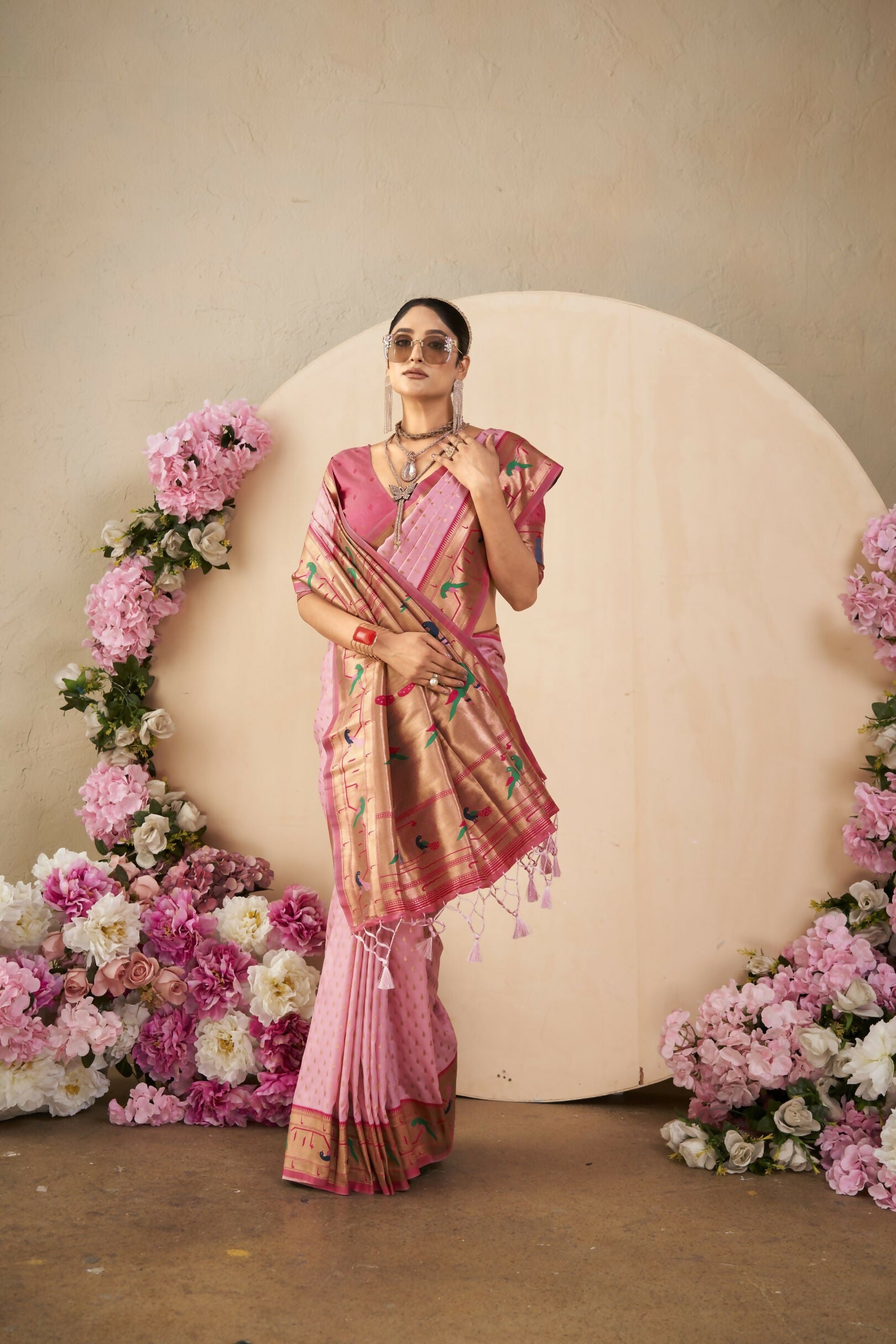 Vishnu Weaves Women's Baby-Pink Paithani Silk Saree with Blouse - Distacart