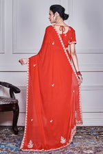 Thumbnail for Morchari Red Chiffon Hand Embroidery Saree And Stitched Blouse