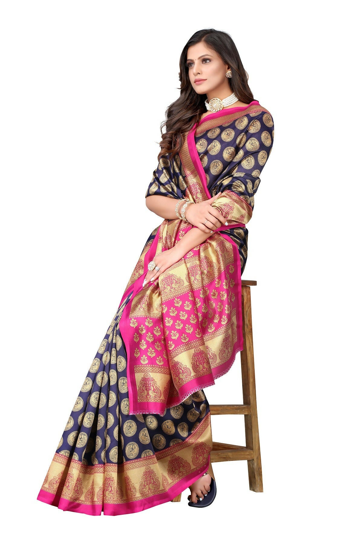 Vamika navy Printed Art Silk Saree - Distacart