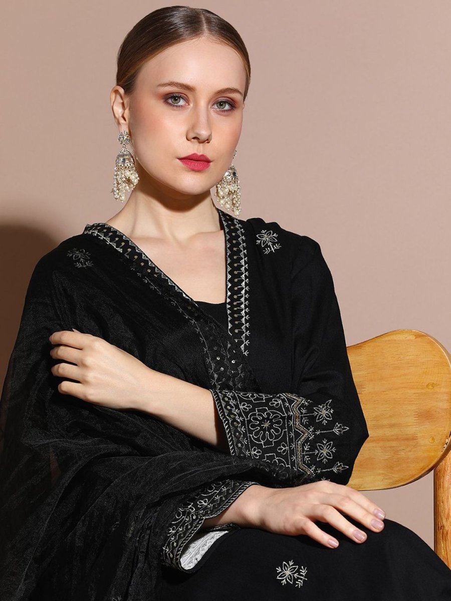 Anouk Floral Embroidered Regular Sequinned Straight Kurta with Palazzos & Dupatta