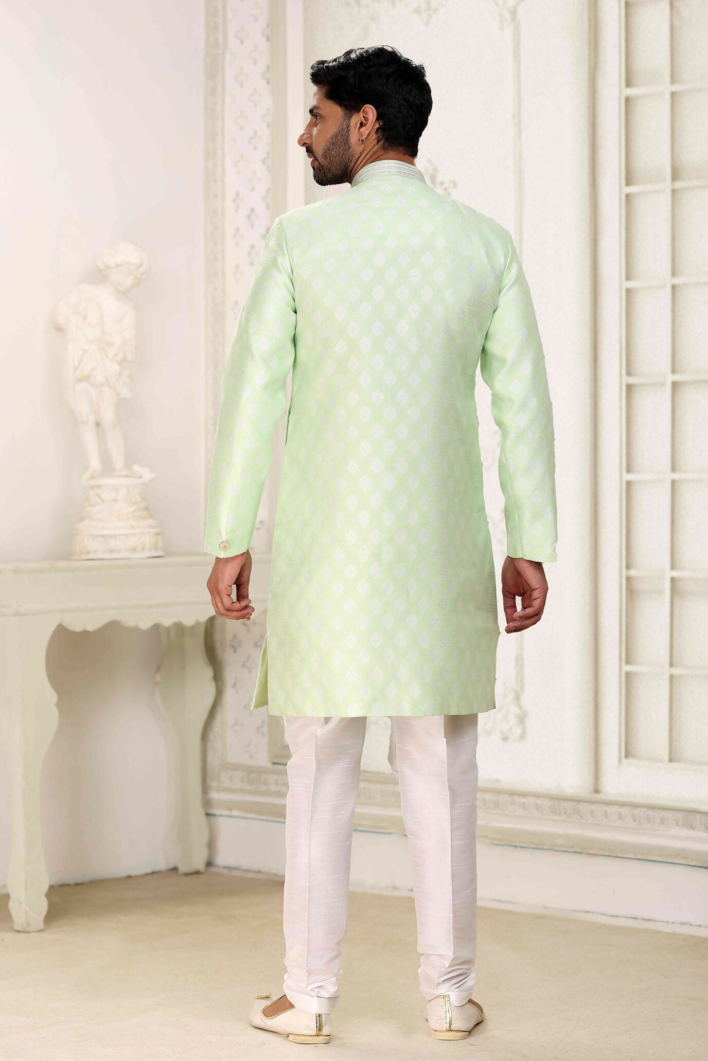 Raivat Ethnic Banarasi Jacquard Embroidery Semi Indo Western Sherwani In Pista Green Colour