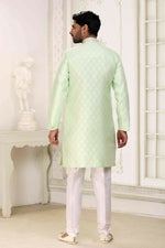Thumbnail for Raivat Ethnic Banarasi Jacquard Embroidery Semi Indo Western Sherwani In Pista Green Colour