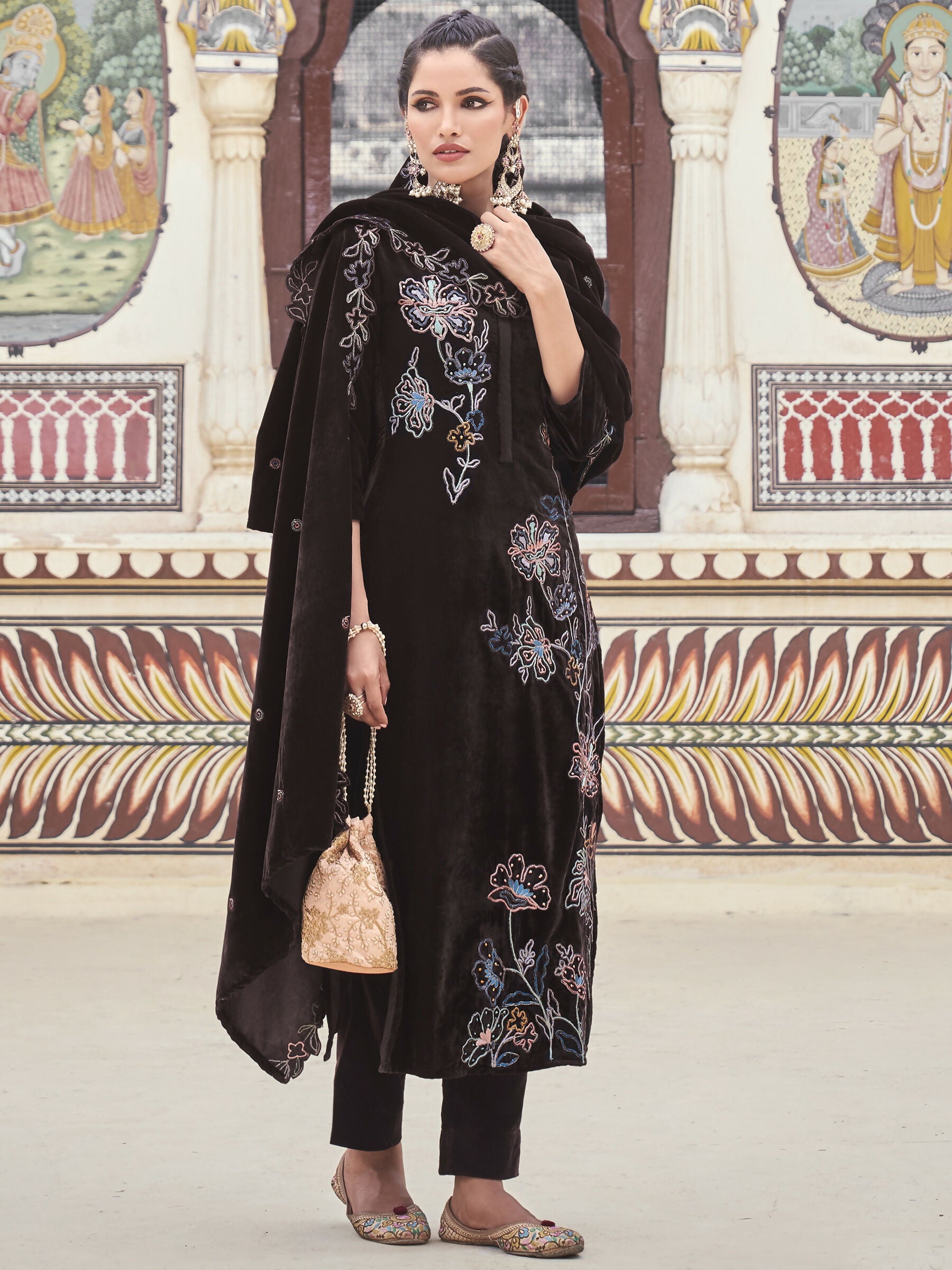 Jyoti Fashion Women's Brown Velvet Resham Thread with Jari & Sequin Kurta with Trouser & Dupatta - Distacart