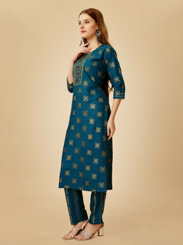 Jyoti Fashion Women's Navy Blue Viscose Rayon Embroidered Kurta Pant Set - Distacart