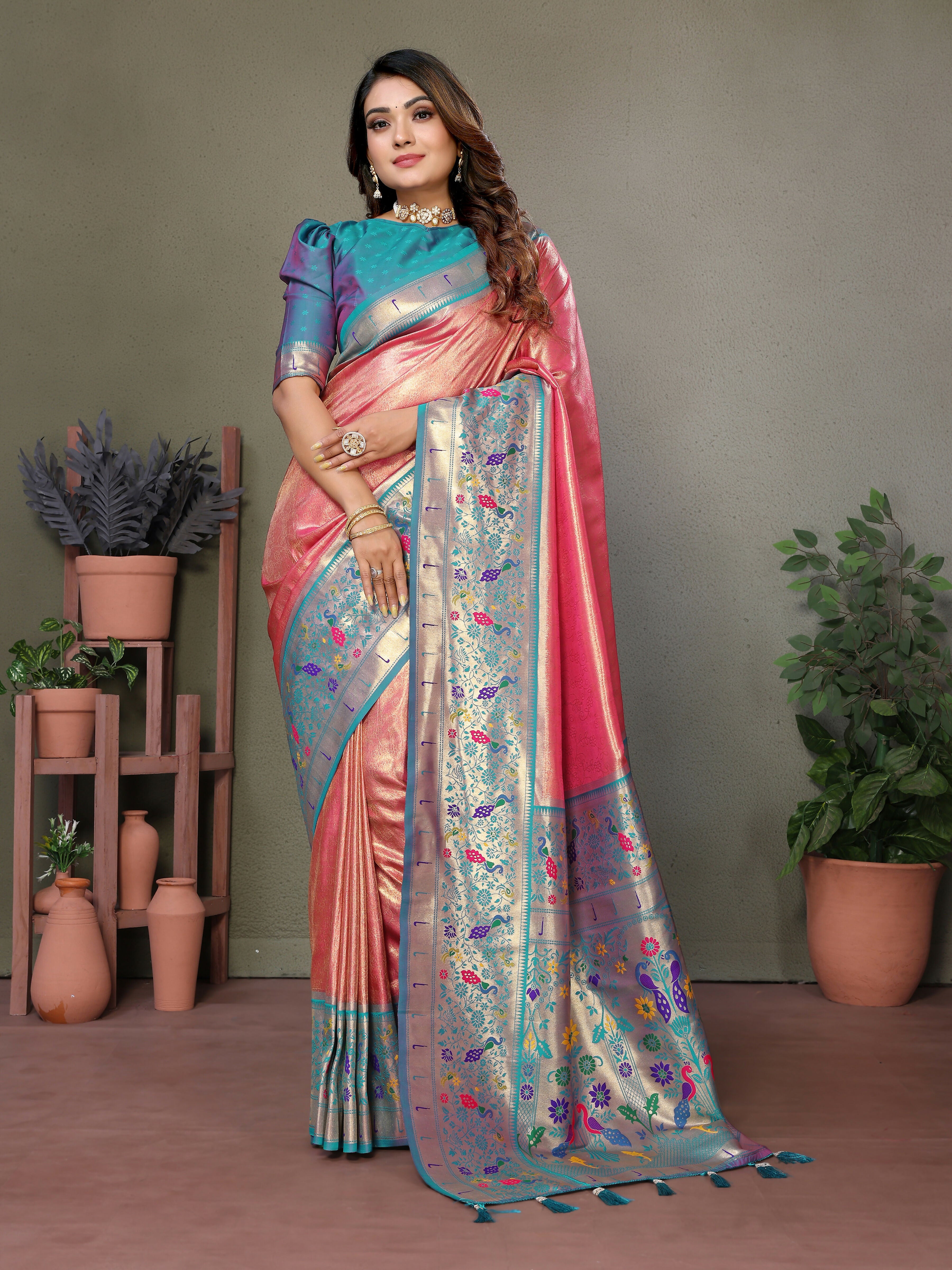 Aastha Fashion Dusty Pink Tissue Silk Paithani Woven Saree - Distacart