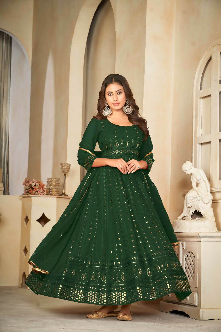 Jyoti Fashion Women's Green Georgette Embroidered Anarkali Kurta Pant Set With Dupatta - Distacart