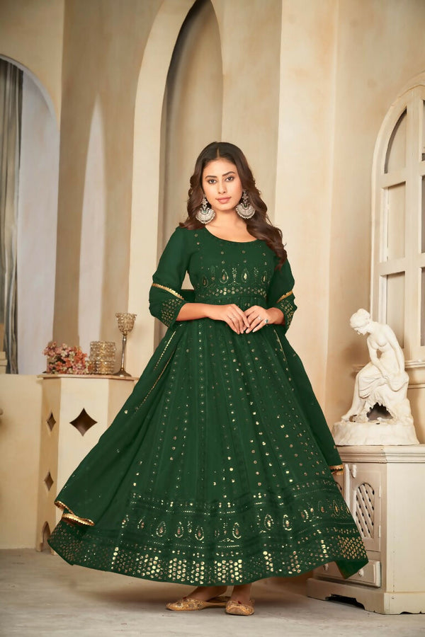 Jyoti Fashion Women's Green Georgette Embroidered Anarkali Kurta Pant Set With Dupatta - Distacart