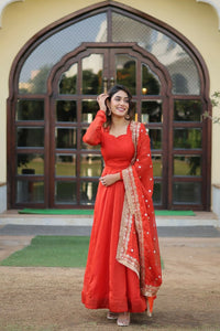 Thumbnail for Aastha Fashion Women's Orange Russian Silk Kali Pattern Work in Flair Anarkali Dress with Dupatta - Distacart