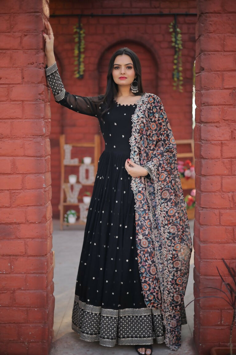 Jyoti Fashion Women's Black Faux Blooming Sequence Zari Embroidered Anarkali Dress with Dupatta - Distacart