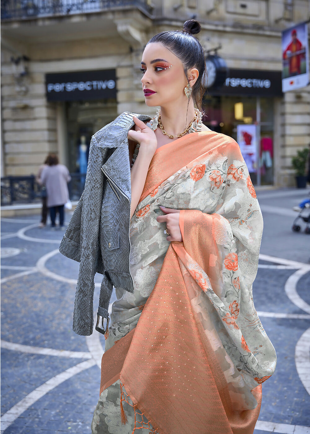 Lovely Orange & Cream Polly Brasso Designer Saree - Emponline - Distacart
