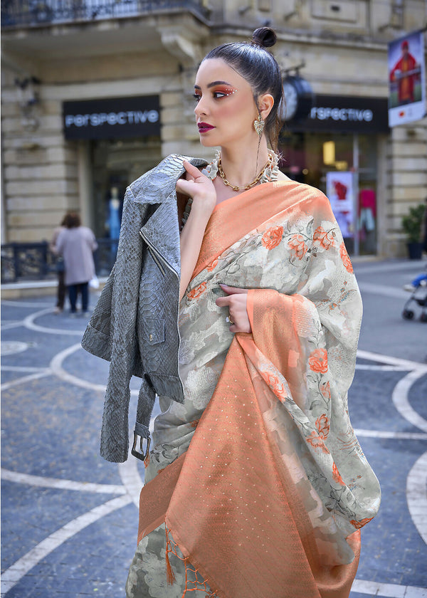 Lovely Orange & Cream Polly Brasso Designer Saree - Emponline - Distacart