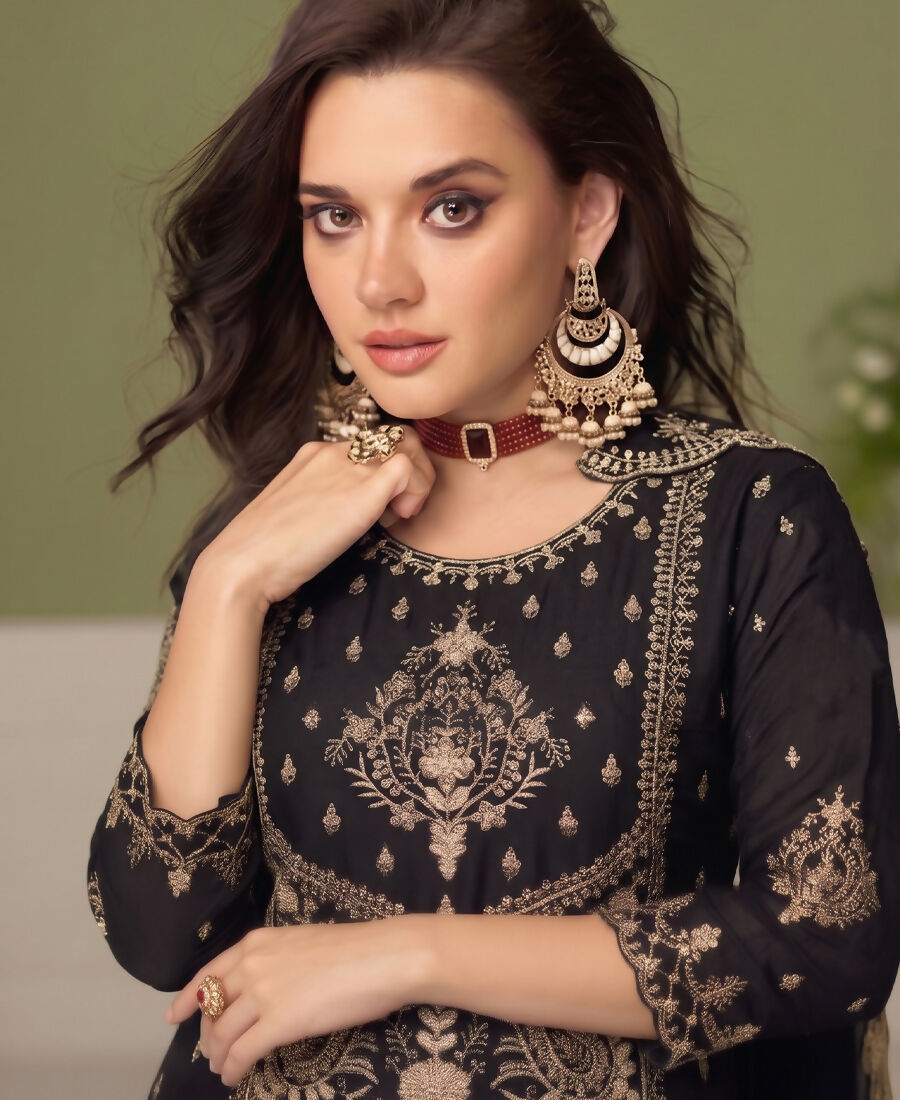KC Black Wedding Wear Embroidered Crush Silk Salwar Suit - Dista