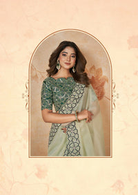 Thumbnail for Light Green Net Organza Georgette Thread, Sequence, Cord Embroidered with Moti Work Saree - Mohmanthan Dakshika - Distacart