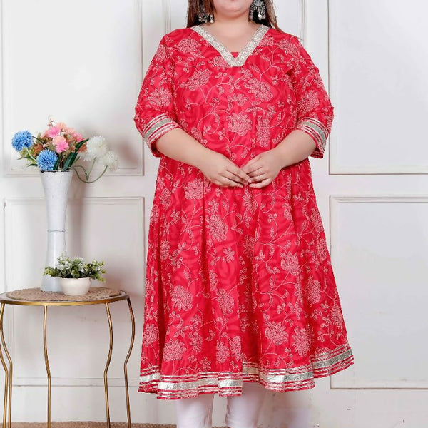 Miravan Plus Size Women'S Red Jaipuri Printed Cotton Ethnic Anarkali Kurta - Distacart