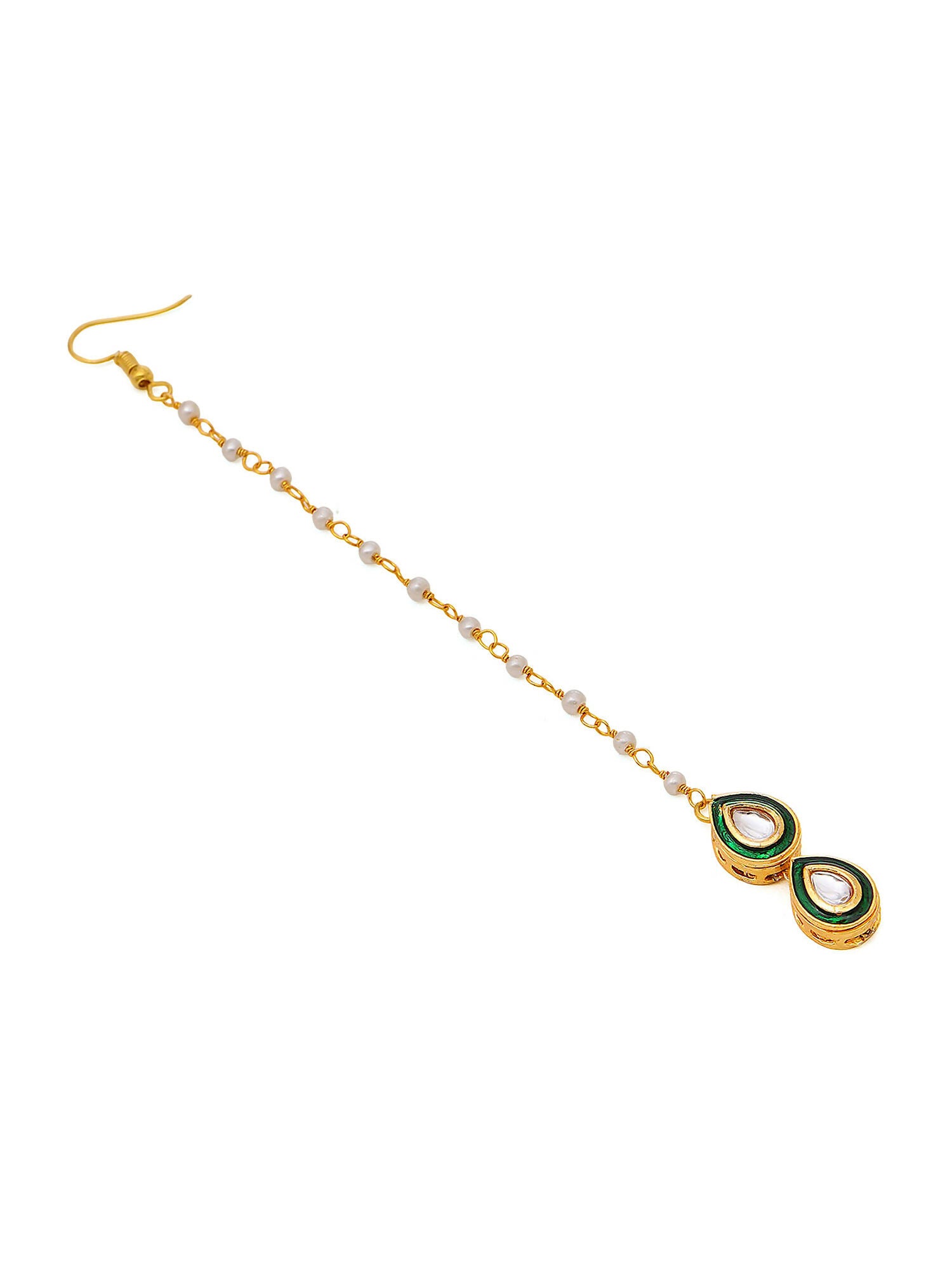 Ruby Raang Green Double Teardrop Kundan Maang Tikka with Meenakari