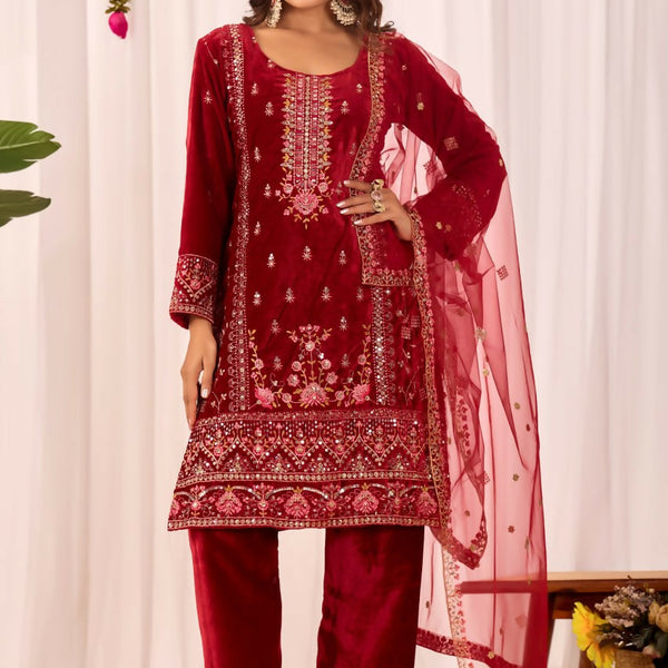 Joban Fashion Red Kurta Set Velvet Embroidery Sequence Work - Distacart