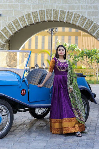 Aastha Fashion Women's Purple Silk Jacquard Woven with Embroidery Anarkali Dress with Dupatta - Distacart