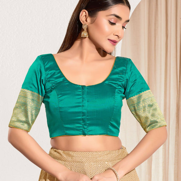 Joban Fashion Rama Green Taffeta Silk Padded Blouse With Round Neck Elbow Sleeves - Distacart