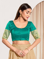 Thumbnail for Joban Fashion Rama Green Taffeta Silk Padded Blouse With Round Neck Elbow Sleeves - Distacart