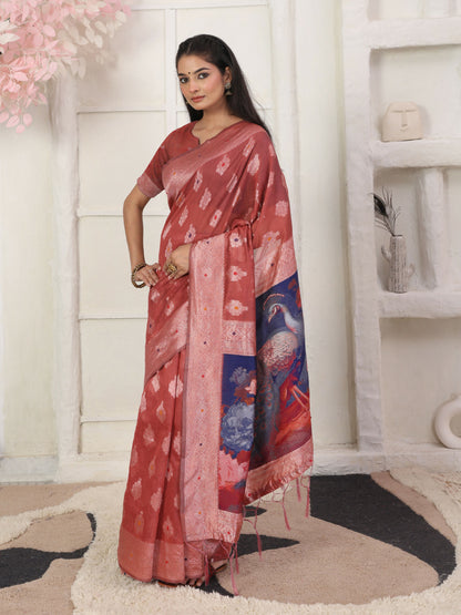 Shree Shyam Fashion Linen Cotton Rust Saree - Distacart