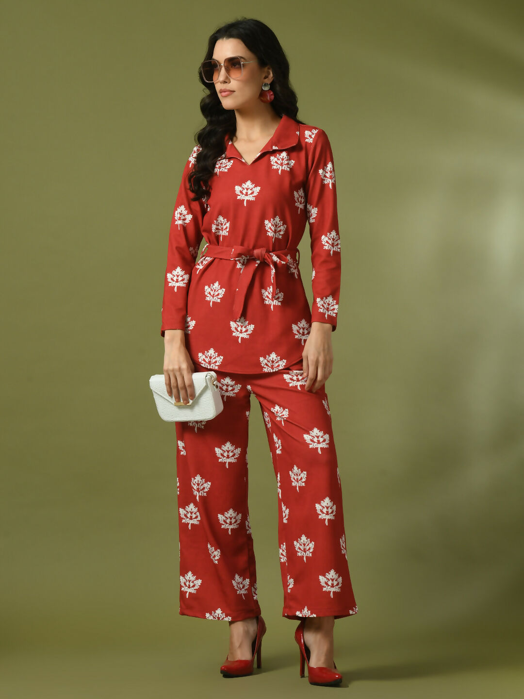 Myshka Women's Rust Printed Polo Collar Party Top With Trousers Co-ord set - Distacart