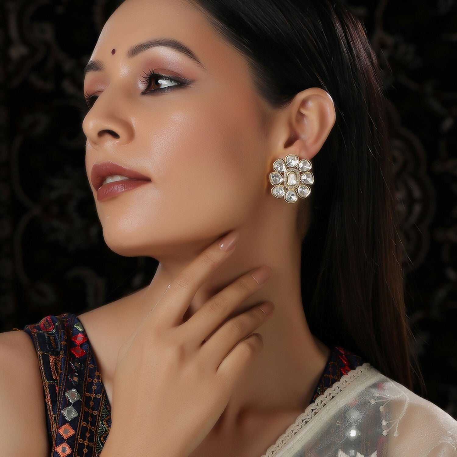 Oversized Round Kundan Studs (Gold) - Ruby Raang - Distacart