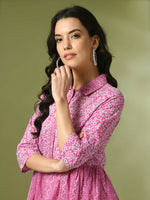 Thumbnail for Myshka Women's Pink Embellished Cotton Gathered Party Empire Top - Distacart