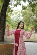 Thumbnail for Aastha Fashion Women's Maroon Designer Rayon Gown with Crochet Embroidery Work Shrug - Distacart