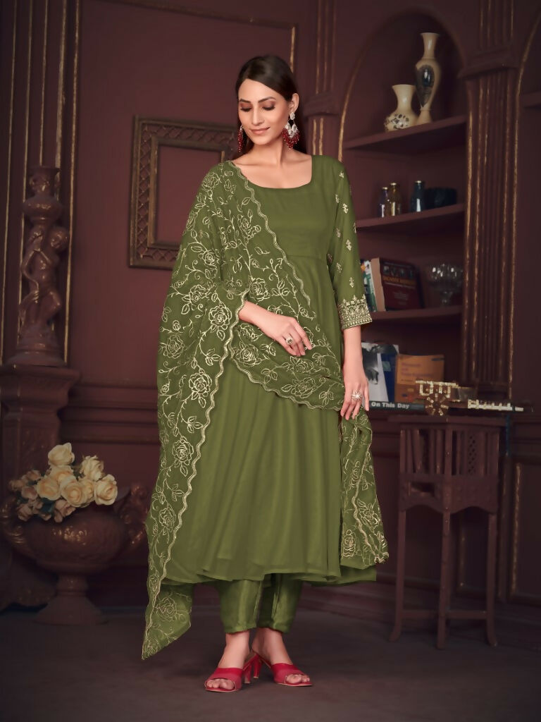 Jyoti Fashion Women's Olive Green Georgette Embroidered Anarkali Kurta Pant Set With Dupatta - Distacart
