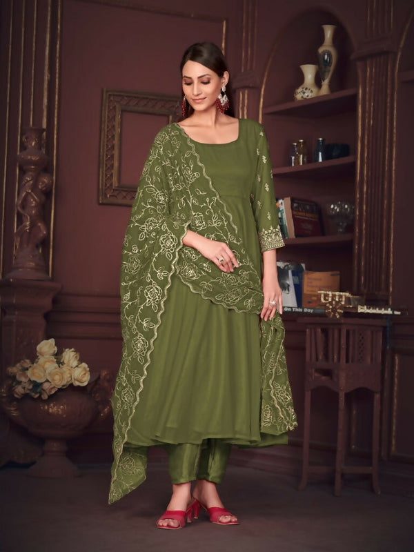 Jyoti Fashion Women's Olive Green Georgette Embroidered Anarkali Kurta Pant Set With Dupatta - Distacart