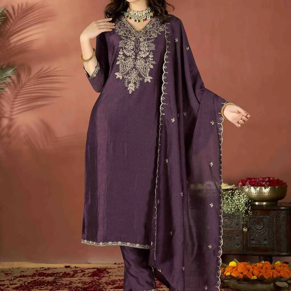 The52 Wine Women's Gorgeous Vichitra Fabric Embroidered Work Straight Kurta Pant and Dupatta Set - Distacart