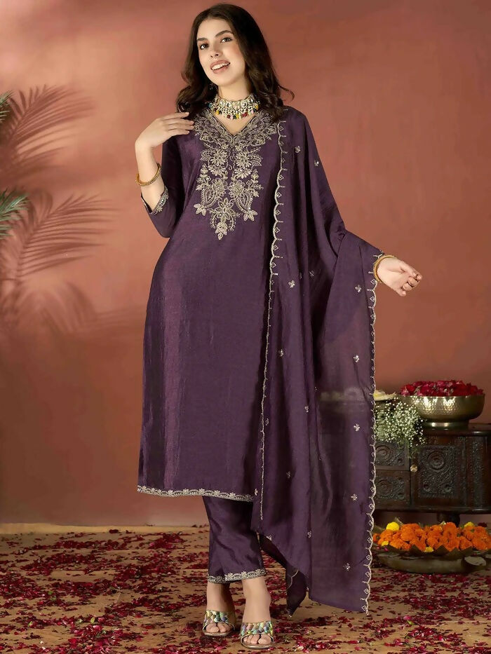 The52 Wine Women's Gorgeous Vichitra Fabric Embroidered Work Straight Kurta Pant and Dupatta Set