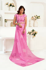 Thumbnail for Joban Fashion Pink Floral Linen Ready To Wear Saree With Unstitched Blouse - Distacart