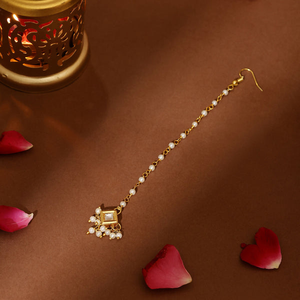 Ruby Raang Gold Square with Pearls Kundan Maang Tikka