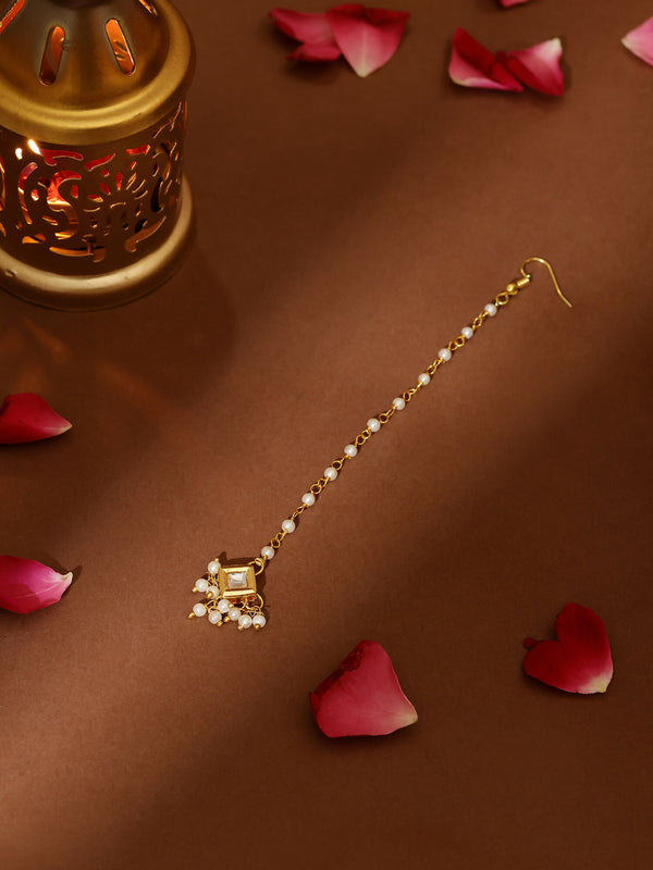 Ruby Raang Gold Square with Pearls Kundan Maang Tikka