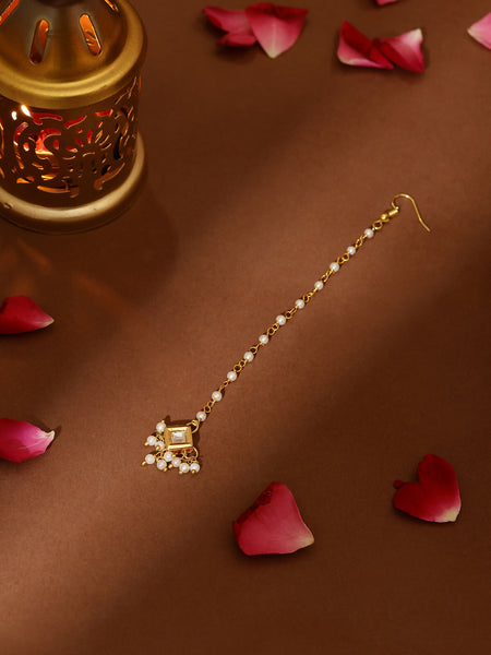 Ruby Raang Gold Square with Pearls Kundan Maang Tikka