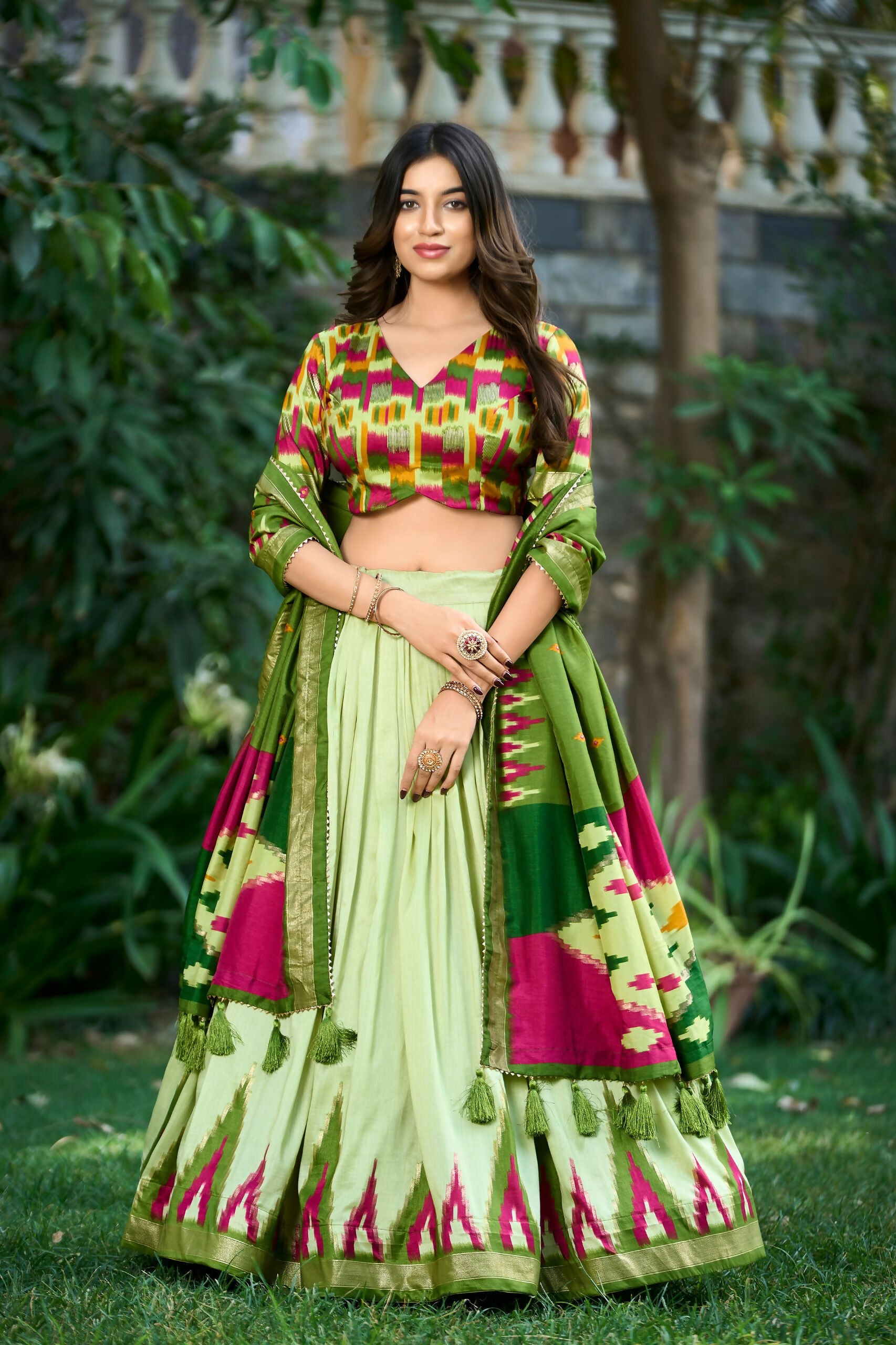 Vastranavya Printed and Foil Work Tussar Silk Lehenga with Unstitched Blouse - Pista - Distacart