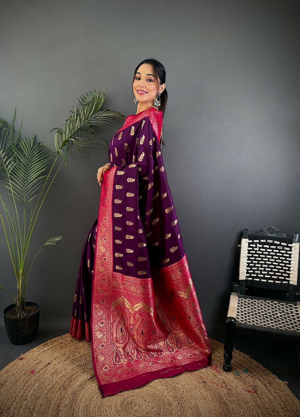 Joban Fashion Banarasi Purple Woven Butti Soft Silk Saree