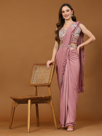 Thumbnail for Pink Lycra Solid Ready to wear Saree with stitched Blouse - Vanita - Distacart