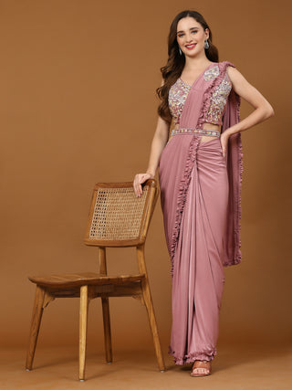 Pink Lycra Solid Ready to wear Saree with stitched Blouse - Vanita - Distacart