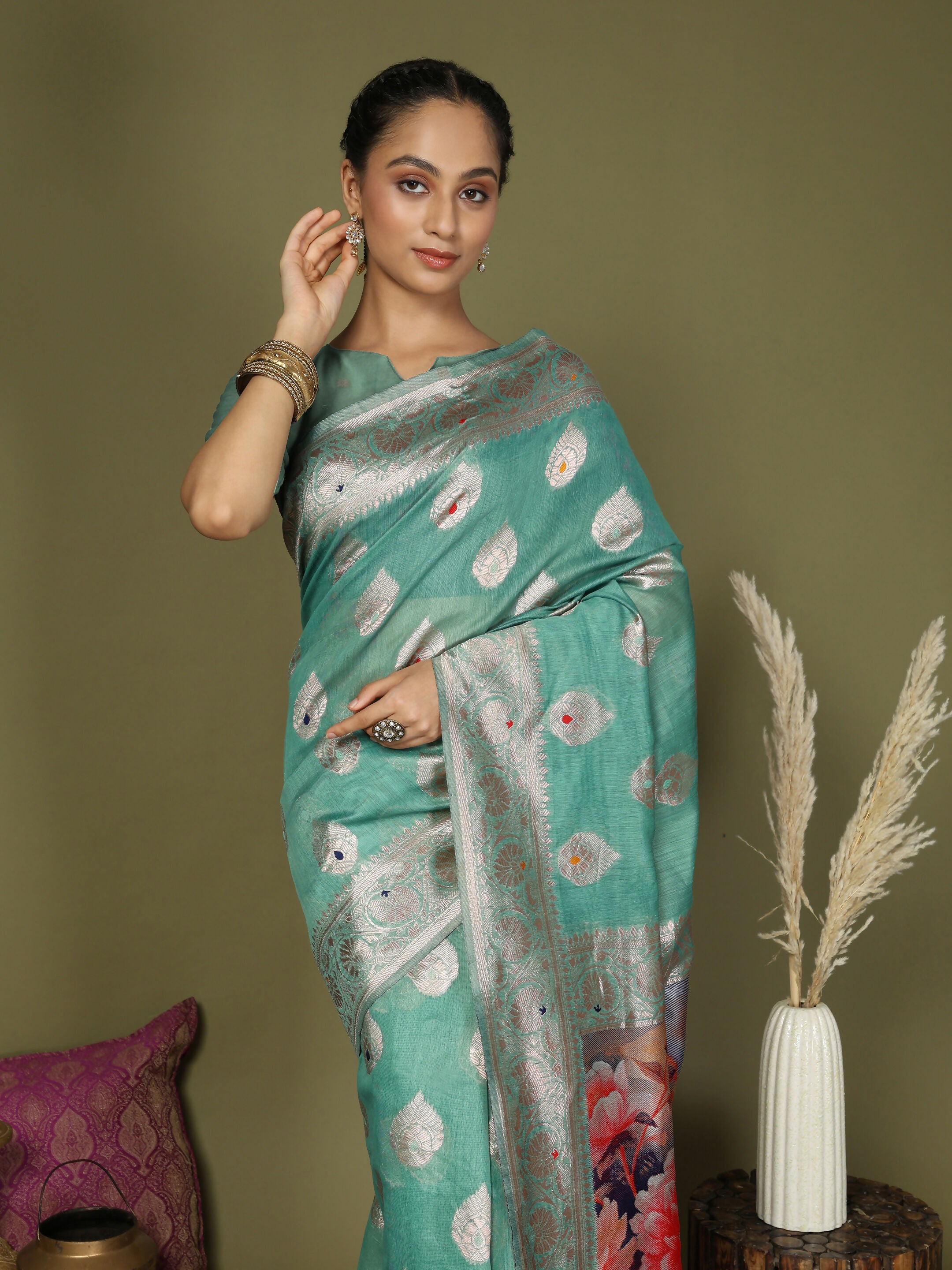 Astita Linen Cotton Rama Green Saree