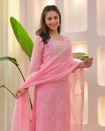 Thumbnail for The52 Pink Women's Beautiful Chikankari Work Chanderi Fabric Straight Kurta Pant and Dupatta Set - Distacart