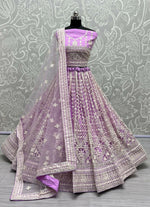Thumbnail for Jyoti Fashion Women's Mauve Net Patterned Thread Embroidered with Sequins Wedding Lehenga Choli - Distacart