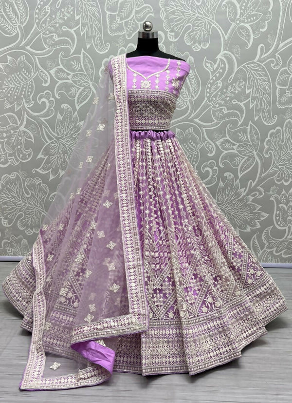 Jyoti Fashion Women's Mauve Net Patterned Thread Embroidered with Sequins Wedding Lehenga Choli - Distacart