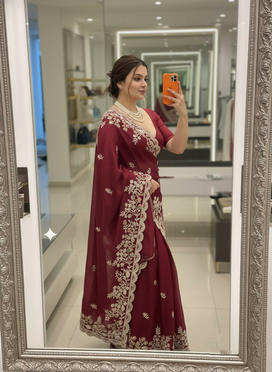 Teeya Creation New Trendy Party Wear Soft Silk Saree-Maroon - Dista