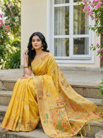 Thumbnail for Shree Shyam Fashion Yellow Linen Cotton Saree - Distacart