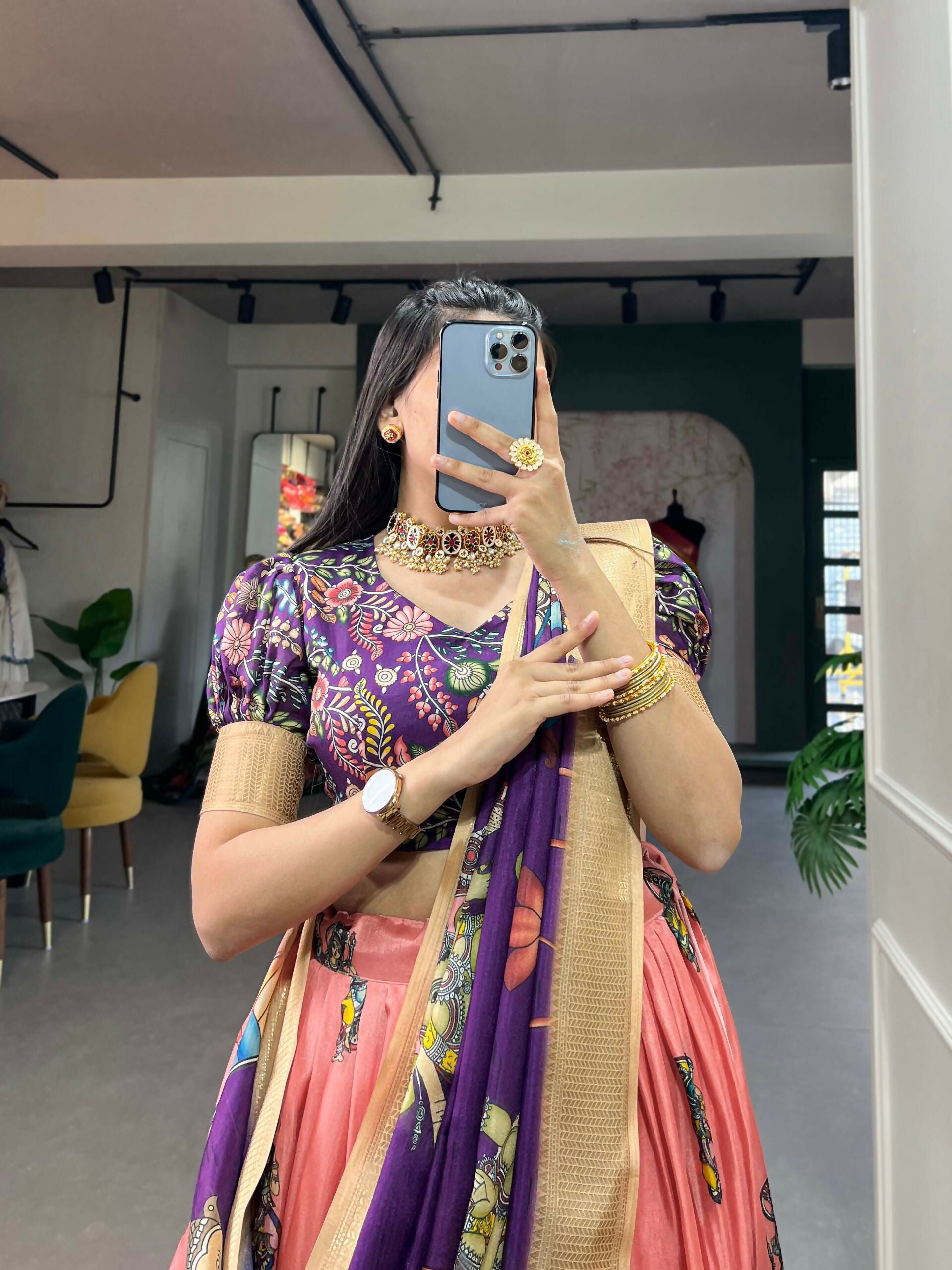 Vastranavya Kalamkari Print With Weaving Border Lehenga with Unstitched Blouse - Peach - Distacart