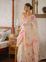 Thumbnail for Prime Volt Women's Off-White Floral Digital Print Soft Linen Saree With Blouse - Distacart