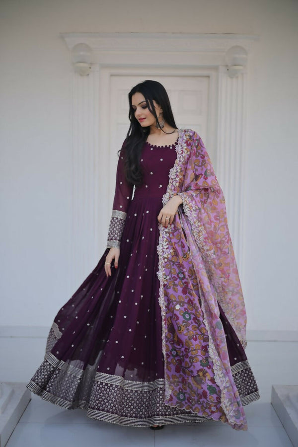 Jyoti Fashion Women's Wine Faux Blooming Sequence Zari Embroidered Anarkali Dress with Dupatta - Distacart