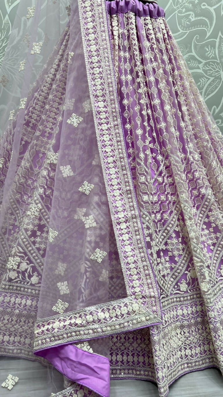 Jyoti Fashion Women's Mauve Net Patterned Thread Embroidered with Sequins Wedding Lehenga Choli - Distacart